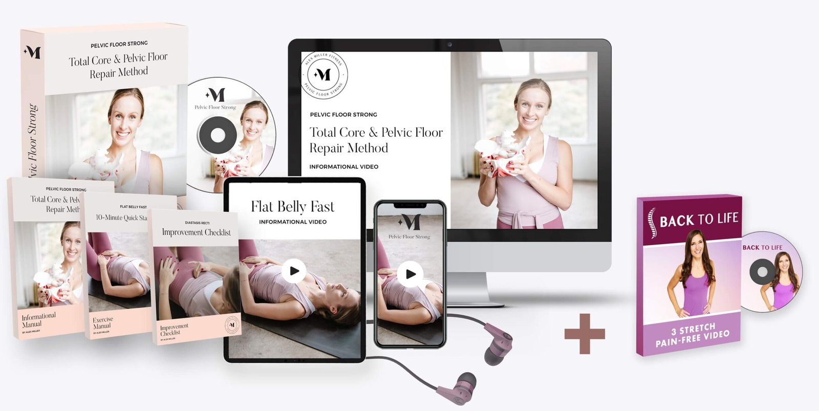 Pelvic Floor Strong digital program displayed on computer, tablet, and phone with exercise manuals, instructional videos, and bonus Back to Life pain-free stretch program.